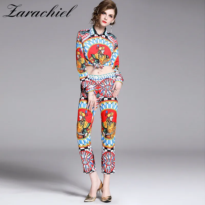 

Runway Designer Suit Set 2019 Summer Women Long Sleeve Soldier Printing Lace-up Sexy Crop Top+Pencil Pant Set 2-Piece Set
