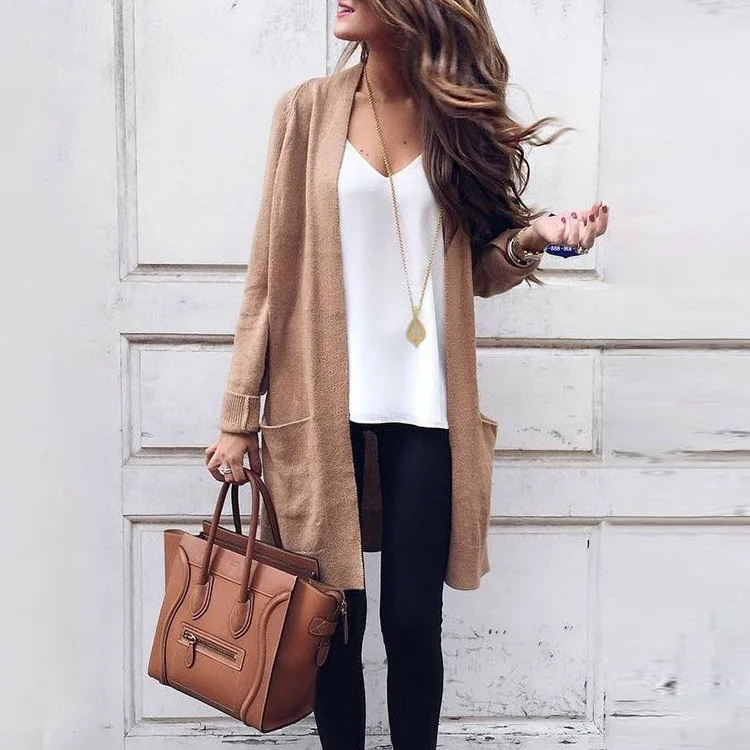 

2018 autumn and winter foreign trade new sweater women Europe and America wind long solid color large pocket knit cardigan 69214