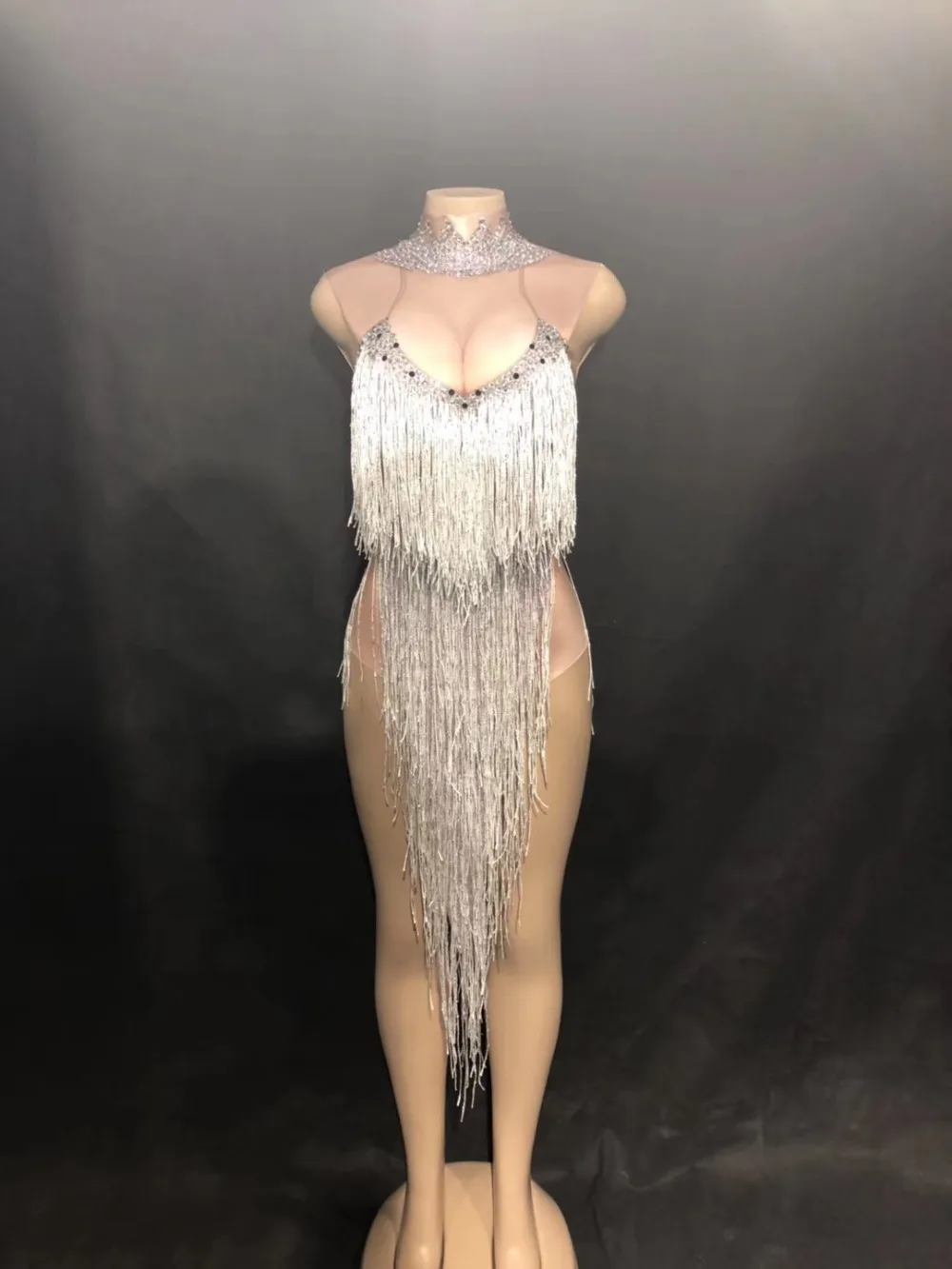 Women New Sexy Long Silver Tassel Bodysuit Performance Sparkling