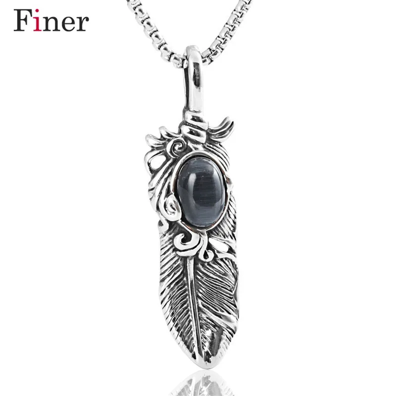 

Vintage Retro Fether Pendant with Black Stone Men Necklace Gothic Style Steeless Steel Link Chain Wing Design Jewelry