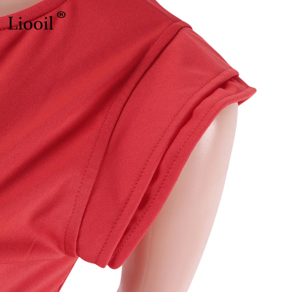 Liooil пикантные Клубные черный, красный с оборками футболки Для женщин летний топ с рукавом-бабочкой с круглым вырезом Вечерние футболка