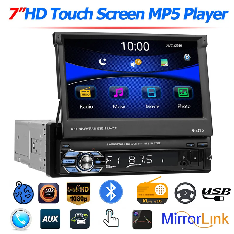 1 din автомобильное радио-зеркальная связь 7 дюймов Авторадио Bluetooth Стерео FM USB TF видео MP5 AUX авто радио-Кассетный проигрыватель сенсорный экран