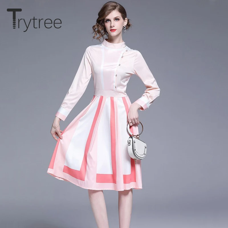 

Trytree Summer Autumn Casual Pink Dress Polyester women Shirt dresses Buttons Striped Hem A-line Knee-Length Office Lady Dress