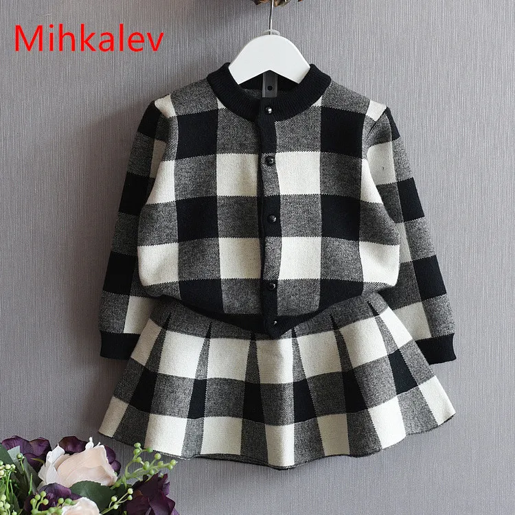 Mihkalev 2017 autumn girl clothing set 2PCS sweaters tops + skirts Kids clothes suits for 3years plaid children tracksuits