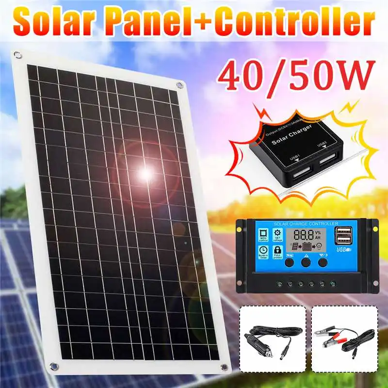 

Solar Panel 50W double USB Output Solar Cells 18V/5V Poly Solar Panel 40A controller for Car Yacht 12V Battery Boat Charger