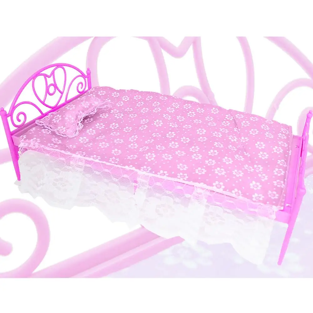  2 Sets Bed With Pillow Pink Purple Bedroom Furniture for Barbie Doll Dollhouse Life Accessories Bab