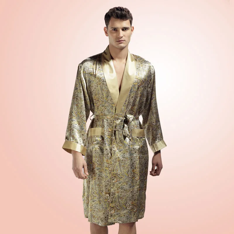 

New Arrival Spring Mens Silk Robes Male 100% Mulberry Silk Printed Bathrobe Kimono Silkworm Silk Fashion Leisure Men Sleepwear