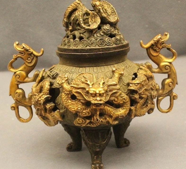 

7"Chinese Bronze Foo Dog Beast Two Dragon Play Bead Incense Burner Censer