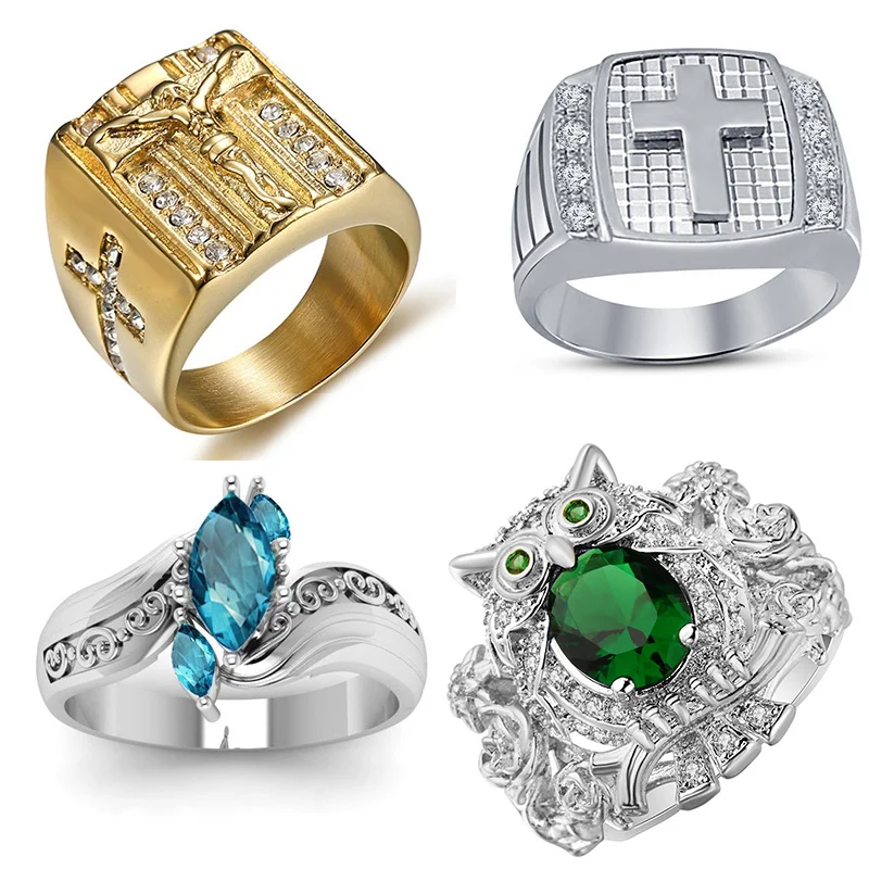 Vintage Classic Design Owl Cross Shape Ring for Women Men Blue White Crystal Wedding Couple Rings Prong Setting | Украшения и
