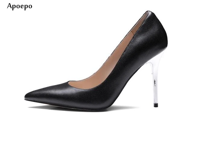 

New Fashion Black Leather High Heels for Woman 2018 Pointed Toe Thin Heels Shoes Office Lady Sexy Pumps
