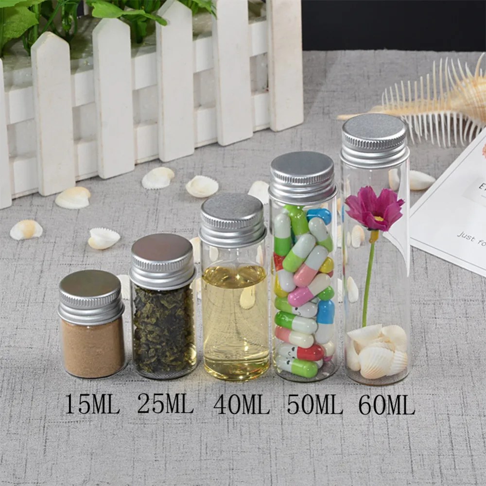 Glass Bottles Screw Top Empty Jars Vial 15ml 25ml 40ml 50ml 60ml Candy Vanilla Pill Food Perfume Bottle Metal Cap 12pcs
