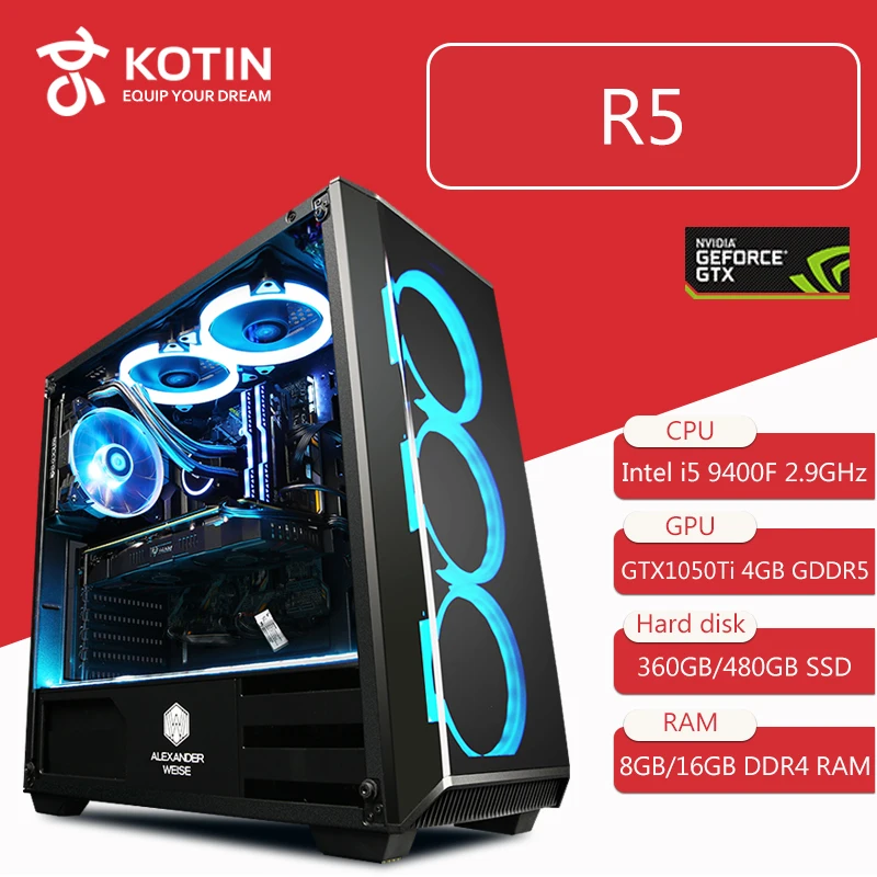 Игровой ПК GETWORTH R5 настольный Intel i5 9400F GTX 1050Ti 4 ГБ GDDR5 GPU 360 гб/480 SSD 8 ГБ/16 ОЗУ компьютер