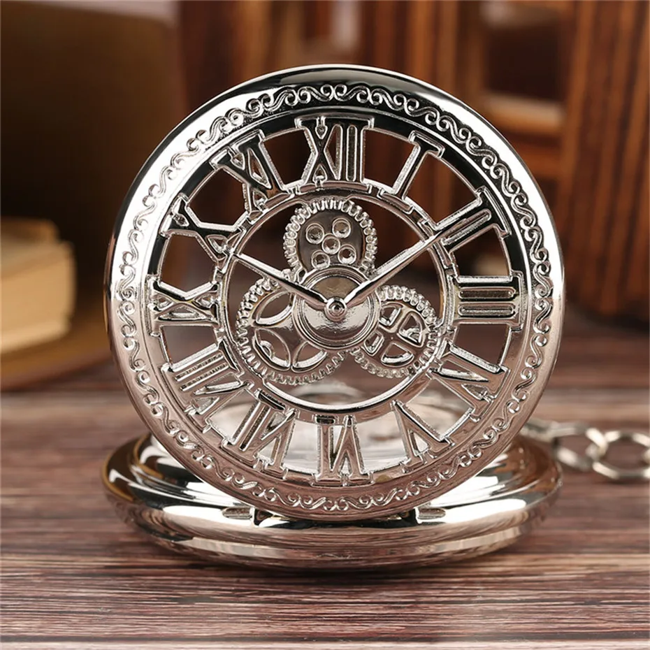 Silver Hollow Gear Roman Mechanical Pocket Watch Chain Classic Hand Winding Clock Roman Number Men Women Children Clock  (12)