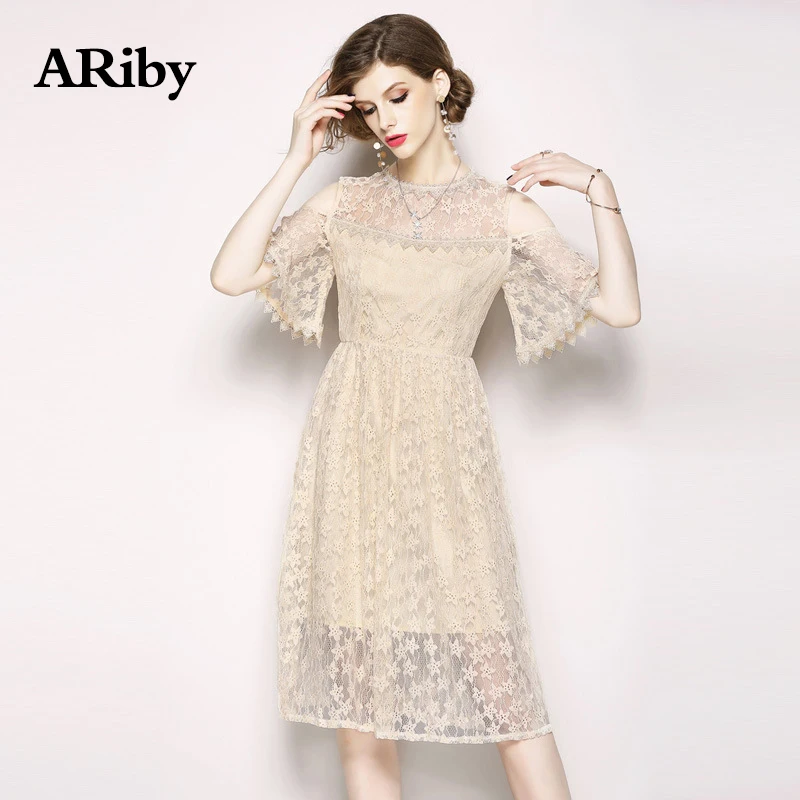 Women Dress Lace Elegant Dress 2019 Summer New Fashion Office Lady Off Shoulder Short Sleeves Slimming A-Line Hollow Out Dress