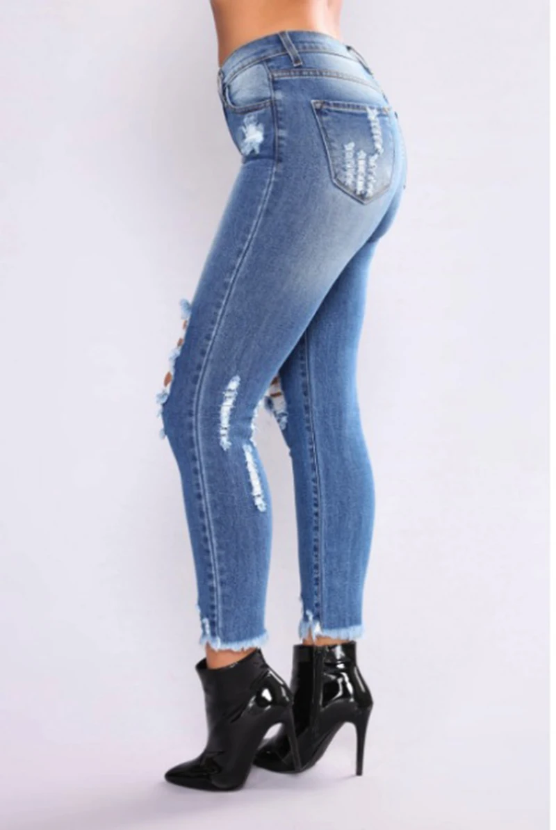 2018 Новое поступление рваные модные джинсы для Для женщин классический Высокая Талия тощий карандаш Синий джинсовые штаны потертые джинсы
