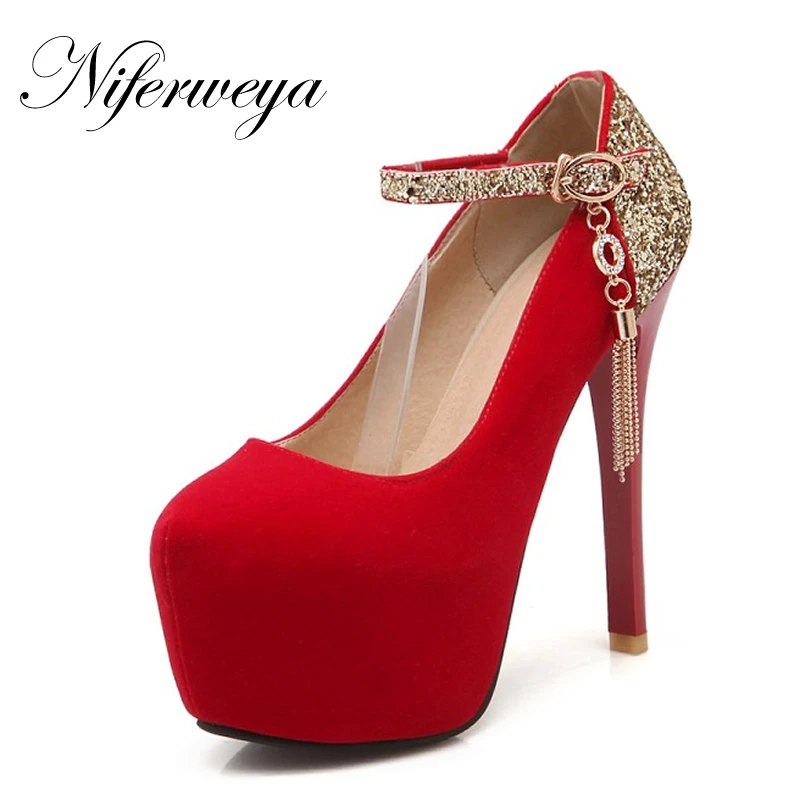 

Size 32-42 Fashion Spring/Autumn flock women red wedding shoes sexy Round Toe Mary Janes platform high heels HDH-B-12