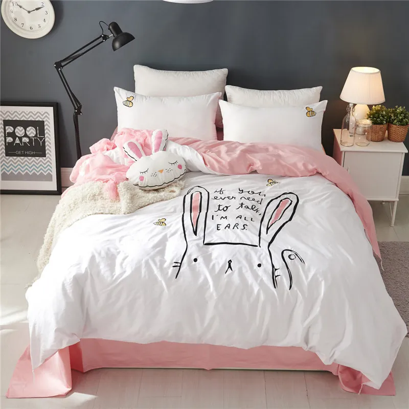 

2018 Cartoon Style Bedding Sets 100% cotton Duvet Cover Set white Color Bedclothes Rabbit embroidery Bed Linen Soft Home Textile