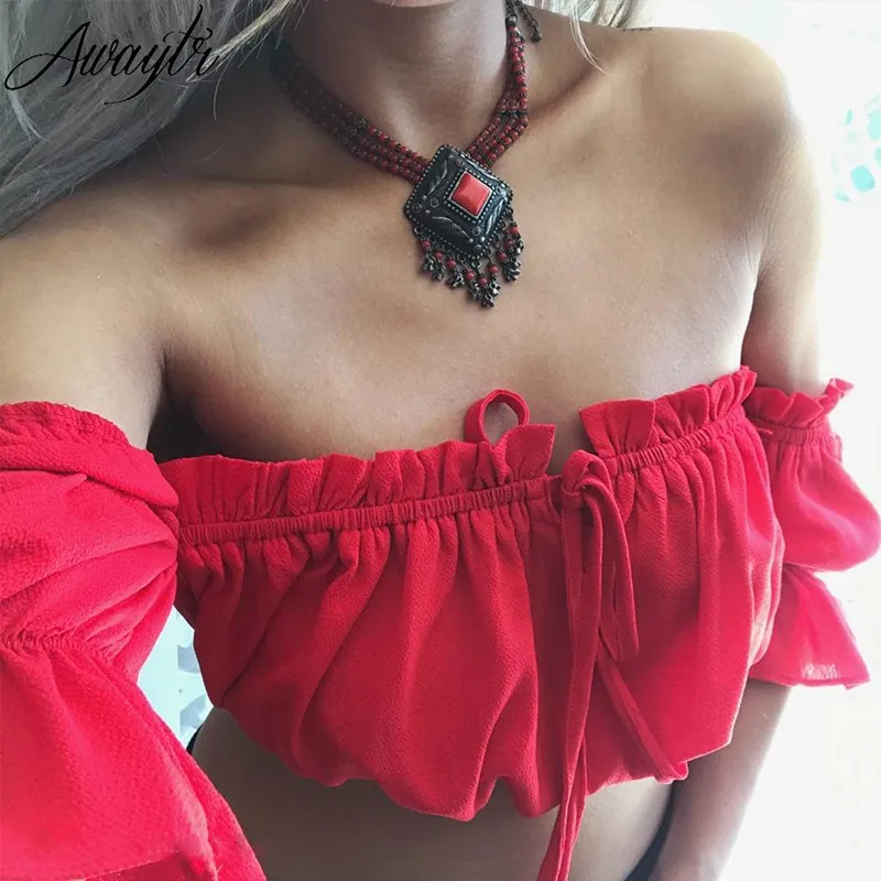 

Awaytr Sexy Off Shoulder Black Crop Top Women Summer Slim Ruffle Short Sleeve Bustier Top Tees Party White Camisole Tank Top