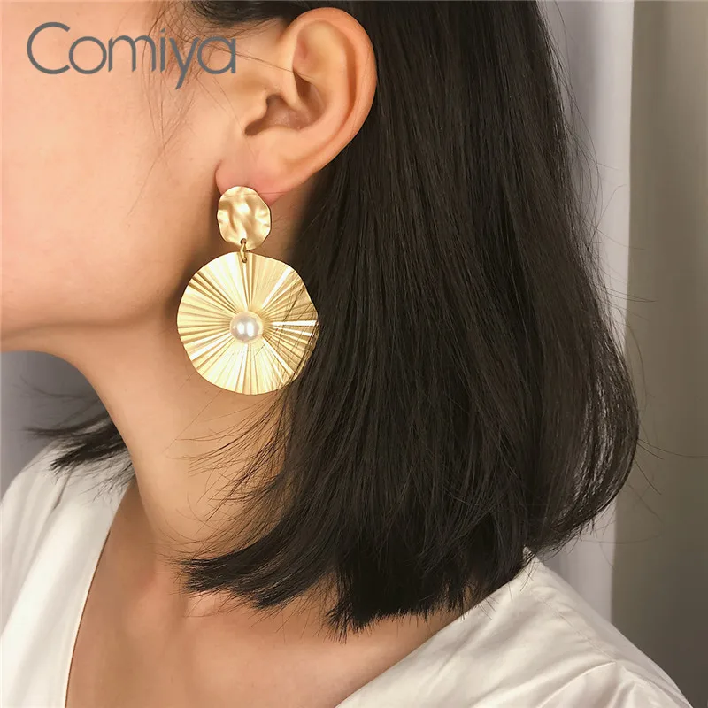 

Comiya Gold Silver Color Drop Earrings For Women Round Pendant Korean Jewelry Dangle Earring Acrylic Pearls Mosaic Femme Bijoux