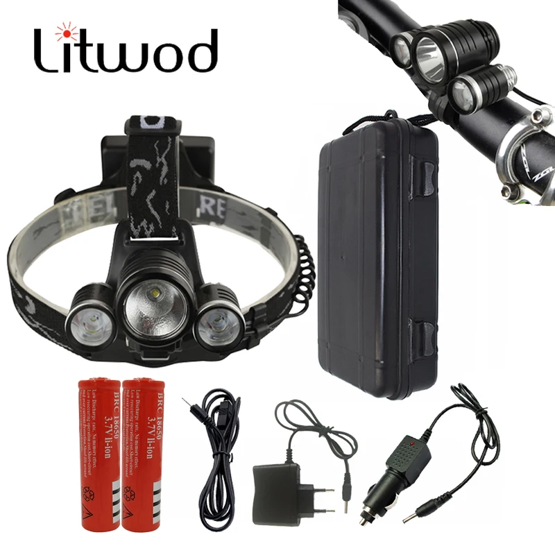 

Litwod Z306633 Led Headlight Bick Headlamp Cree XM-L T6 Torch Frontale bicycle 2in1 night light battery USB/Car /AC charger box