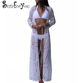 

Beach Cover up Women Lace Crochet Bikini Long Cover up Pareos Para playa Tunics for Beach Robe de Plag Bathing suit Cover ups