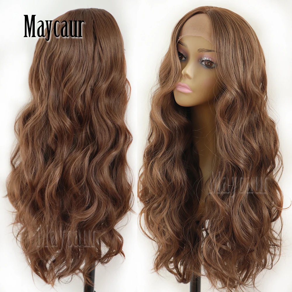 Maycaur Hair Middle Brown Color Long Body Wave Hair Lace Wigs Glueless Heat Resistant Synthetic Lace Front Wigs for Black Women