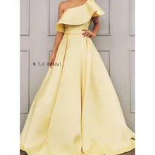 Элегантное светло-желтое платье на одно плечо для выпускного вечера ТРАПЕЦИЕВИДНОЕ атласное вечернее платье длиной до пола Высокое качество Вечерние платья