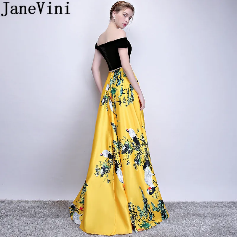 JaneVini Chinese Style Yellow Evening Dresses Long Floral Satin Formal Party Gowns Gold Sash Off Shoulder Pocket Dress Jurk Lang