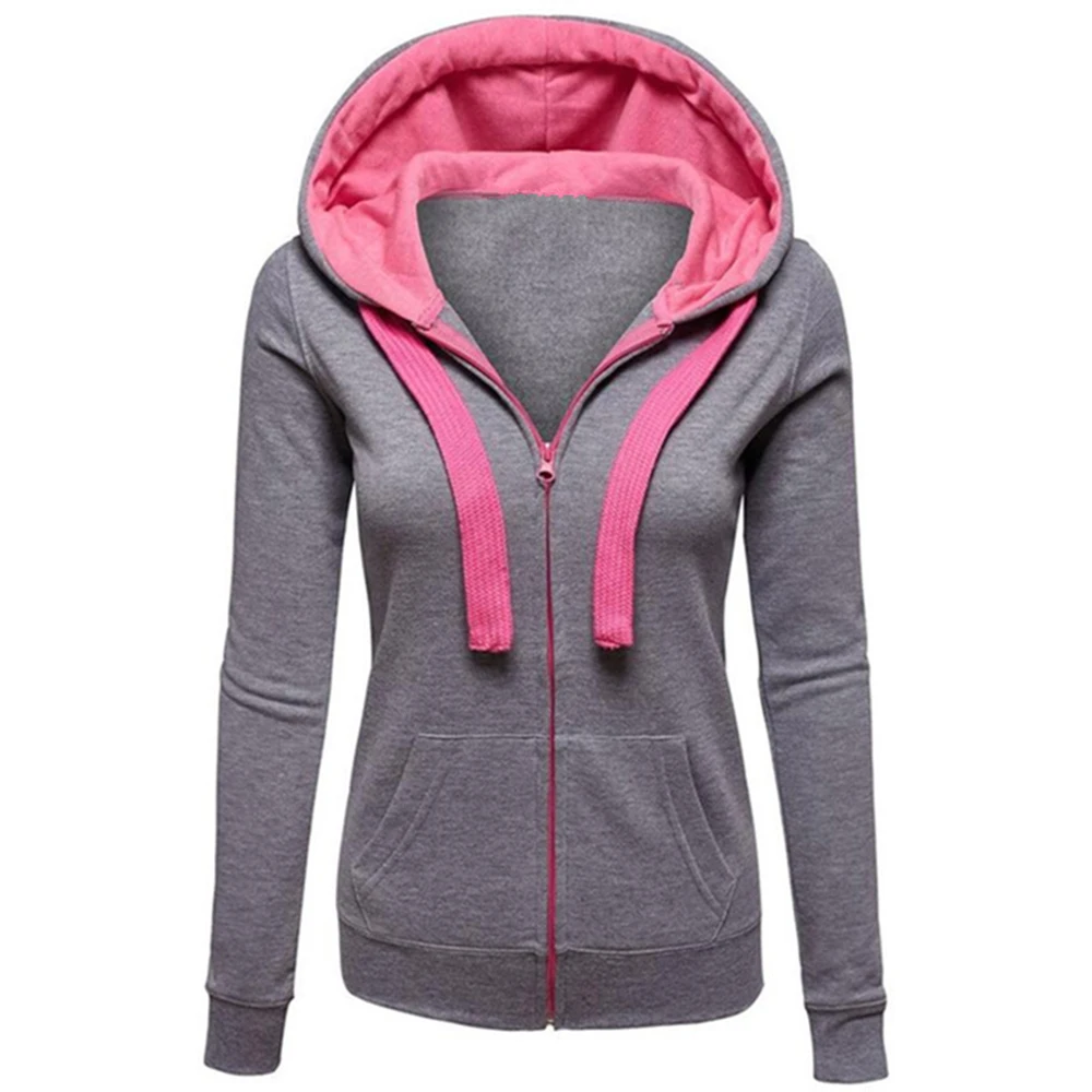 Women Sweatshirt Fashion Hooded Solid Drawstring Long Seeve Outwear Casual Zipper Female Gym Training Jackets Plus Size