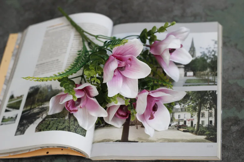 1 букет из 5 бутонов, искусственный цветок, искусственная орхидея с травой, шелковые цветы для украшения дома, вечеринки, 4 цвета на выбор
