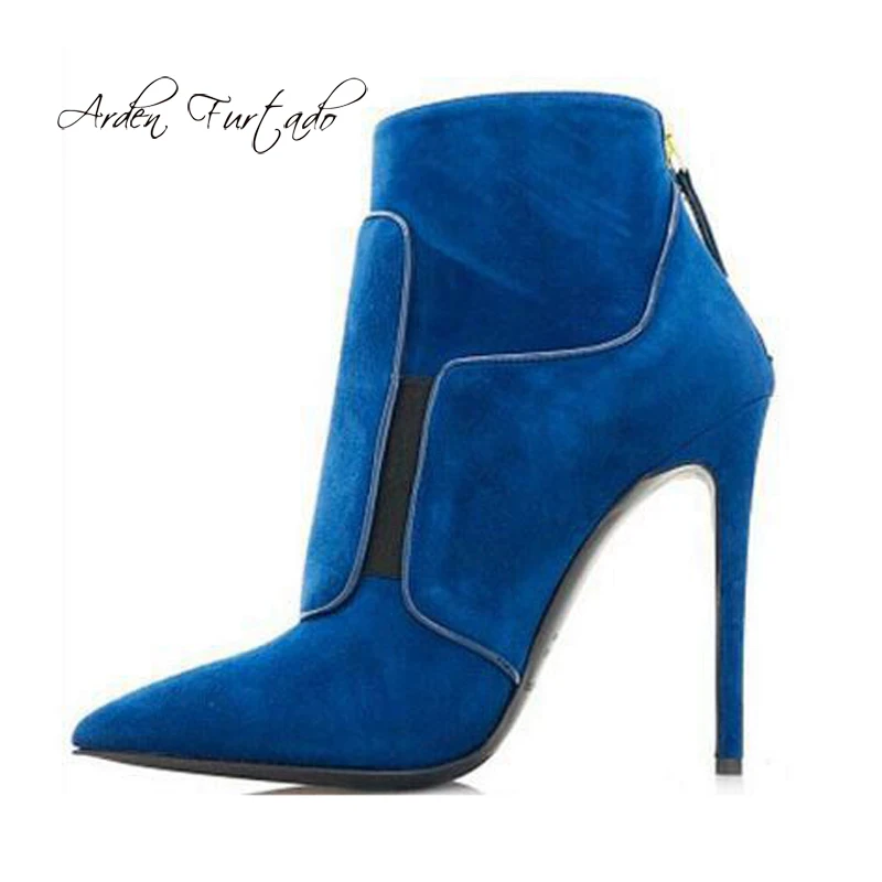 

Arden Furtado 2019 spring autumn zipper sexy stilettos party shoes ladies back zipper pointed toe bule black suede ankle boots