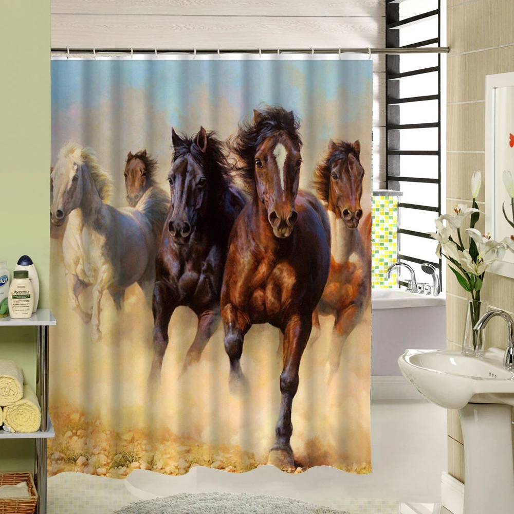 Horse Shower Curtain White Brown Polyester Fabric Bathroom Waterproof Designer Art 3d Printing | Дом и сад