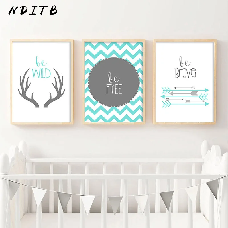 

NDITB Blue Baby Room Poster Tribe Antler Nursery Canvas Print Minimalist Painting Decoration Picture Nordic Kids Room Decor