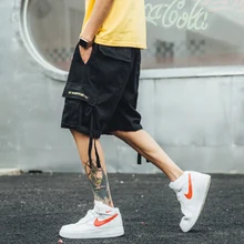 Новые летние шорты Harajuku мужские хип-хоп карго шорты Уличная карманная колено мужские хлопчатобумажные шорты ленты Мужские s мешковатые шорты хаки