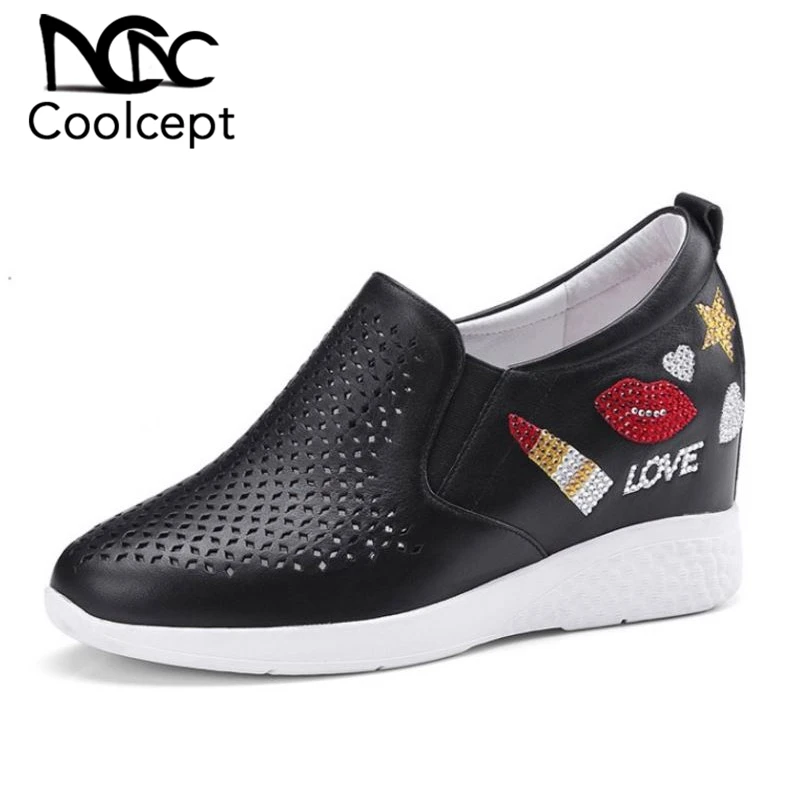 

Coolcept Genuine Leather Women Increasing Height Shoes Casual Slip On Pumps Platform Elastic Band Fashion Footwear Size 33-40