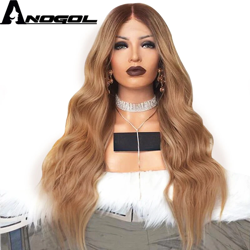 Us 33 7 36 Off Anogol 180 Density Natural Hairline Dark Brown Ombre Blonde Long Body Wave Full Hair Wigs Synthetic Lace Front Wig For Women In