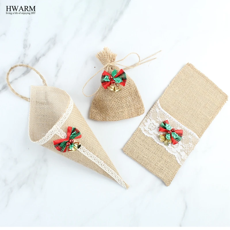 

12pcs/lot Bow Bells lace burlap jute Hessian Pew Cone Flower Holder Tableware bags candy box Christmas rustic wedding decoration