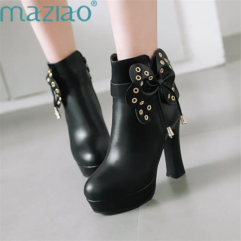 

Side Zipper Boots Fashion Thick Heel Ankle Boots Women High Heels Butterfly-knot Sweet Party Shoes Platform Boots MAZIAO