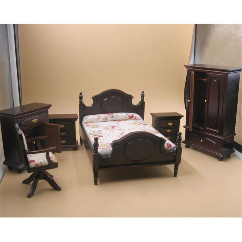 1:12 دمية أثاث مصغر خشبية لعبة للدمى الأسود محاكاة أطقم أثاث غرفة النوم نتظاهر اللعب لعب للأطفال