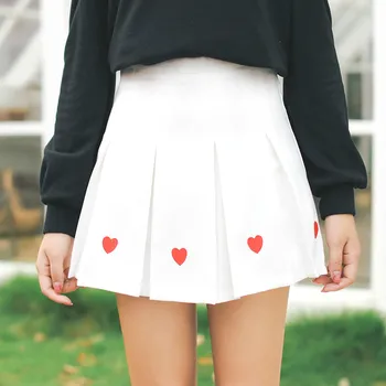 

4 Colors Harajuku Fashion High Waist Women Skirt Sweet Cute Love Embroidery Girls Mini Skirt Cotton Student A-Line Pleated Skirt