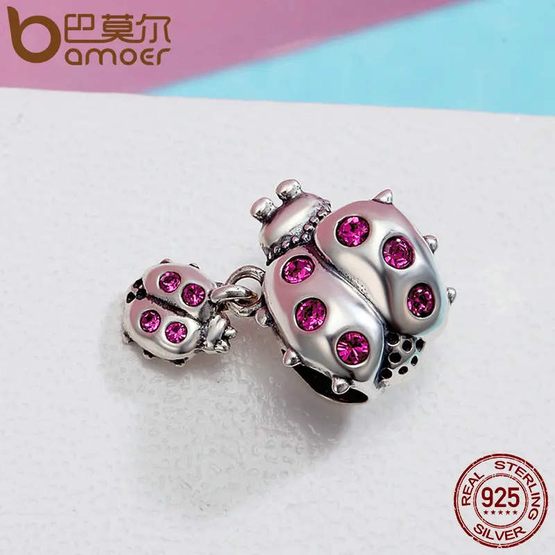 BAMOER Genuine 925 Sterling Silver Ladybug Story Clear CZ Dangle Charm Pendant fit Women Charm Bracelet Necklace Jewelry SCC364