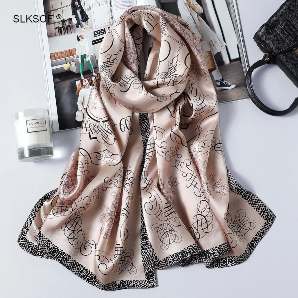 

[SLKSCF] 170X53CM Fashion 100% silk satin scarf hijabs floral printing silk scarves women new design long silk hijabs capes