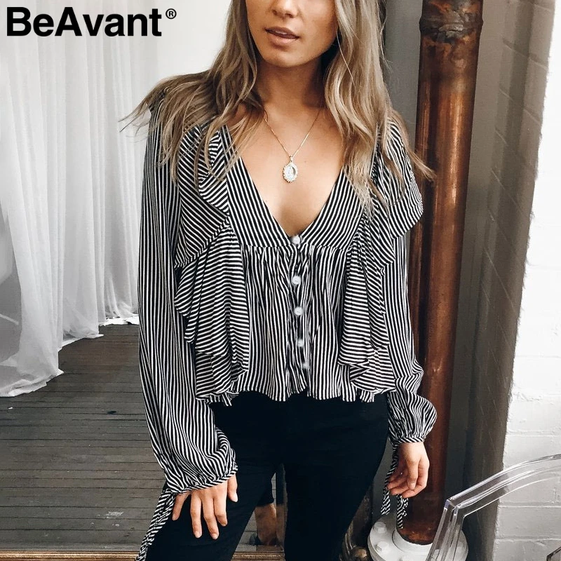 BeAvant Sexy v cuello volantes gasa blusa camisas 2018 rayas camisas de manga larga tops verano casual otoño Mujer - AliExpress