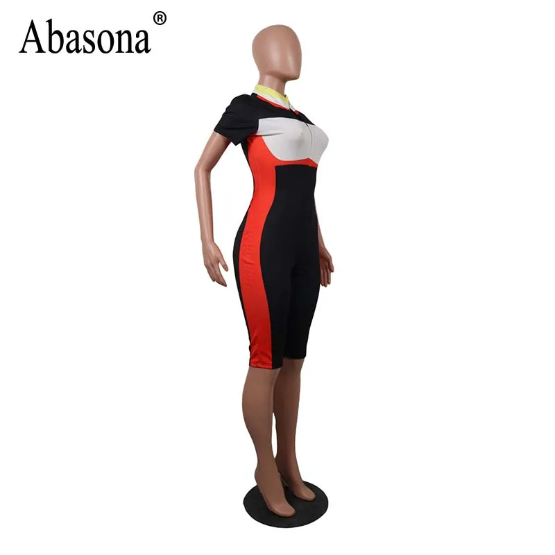 Abasona Women Playsuits Summer Casual Overalls Color Block Skinny Shorts Rompers Womens Jumpsuit Front Zipper Patchwork Bodysuts