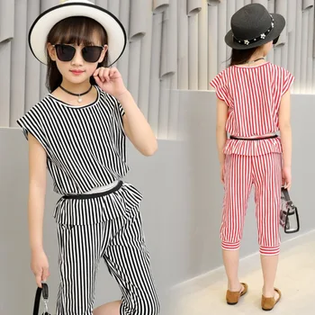 

2020 Fashion Summer Children Tshirt Shorts Clothing Sets Kids Girl Vertical Striped Outfits Tracksuit Two Pieces Suit Age 4-13Y