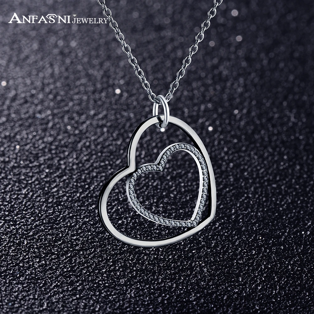 

ANFASNI 100% 925 Sterling Heart To Heart Romantic Necklaces With Clear CZ For Women Jewelry Friend Gift PSNL0009-B
