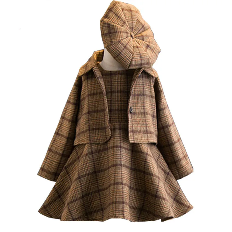 

Girls Clothing Sets 2018 Autumn and Winter Single-breasted O-Neck Jacket+Pure Color Dress+Hat 3PCS Children's Clothes Suits