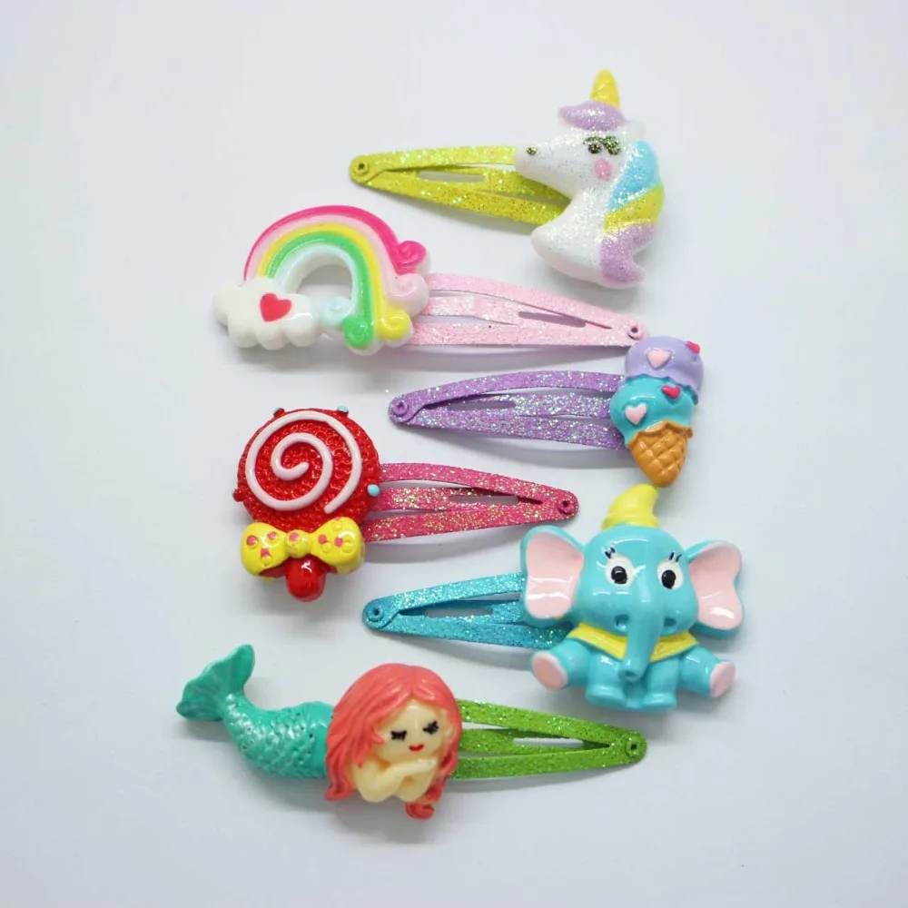 

6 pcs/set resin animals hair clips cute unicorn&Lollipop&rainbow glitter hairpins girls' fashion hair accessories