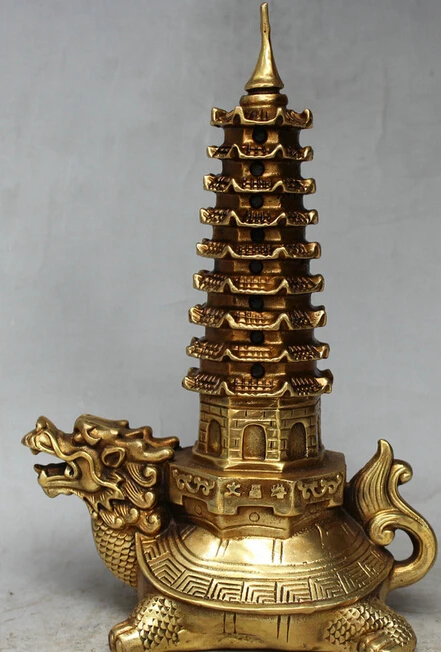 

9" China Palace Brass Dragon Tortoise Turtle WenChang Stupa Pagoda Tower Statue S0706 Discount 35%
