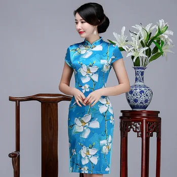 

New Arrival Women Print Flower Qipao Plus Size Silk Chinese Traditional Dress Mandarin Collar Short Classic Blue Cheongsam S-3XL